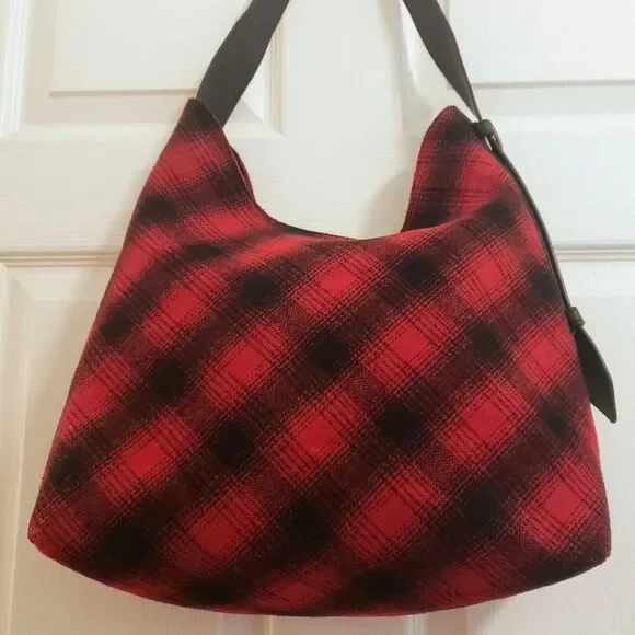 j. jill Hobo Bag Red & Black Buffalo Plaid Wool Blend Leather Strap - Picture 3 of 8